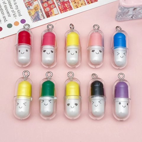 Cute Cartoon Resin Capsule Pill Pendants Colorful 3D Smiling Face DIY Jewelry Charms For Necklace Keychain Bag Accessories
