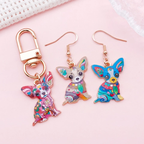 Alloy Enamel Chihuahua Dog Pendants Cartoon Puppy Animal Drip Oil Charms For DIY Necklace Keychain Jewelry Making Accessory