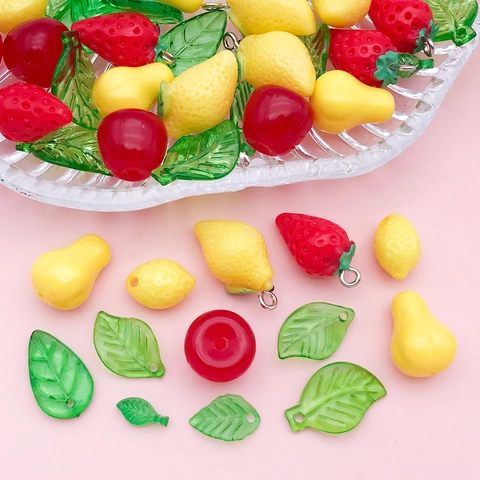 3D Acrylic Resin Fruit Leaf Pendants For DIY Jewelry Making Mini Strawberry Lemon Apple Pear Charms Mixed Mixed Crafting Supplies