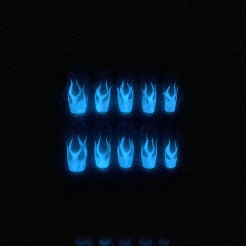 Handgefertigte Leuchtende Blaue Flamme Künstliche Nägel Set Leuchten Im Dunkeln Cool Gothic Falsche Nägel Für Damen