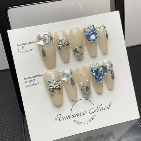 Uñas Postizas de Lujo Hechas a Mano Corazón Azul Estrella Strass Lazo Color Nude Ataúd Largo Uñas para Mujer