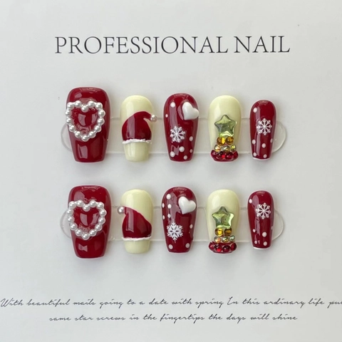 Handgefertigte Weihnachten Nägel Zum Aufdrücken Schneeflocken Weihnachtsmütze Künstliche Perle Herz Strass Weihnachtsbaum Rot Weiß Falsche Nägel Für Damen