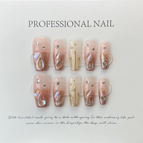 Unghie Finte Press On Handmade Ballerina Sfumato Rosa Nude Strass Design Fiori 3D Glitter Set per Donna 10PZ