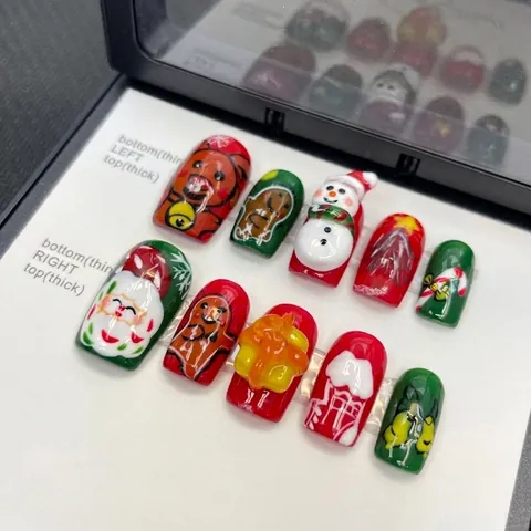 Uñas Postizas 3D de Navidad Hechas a Mano Diseño de Papá Noel Muñeco de Nieve Rojo Verde para Mujer Fiesta Manicura