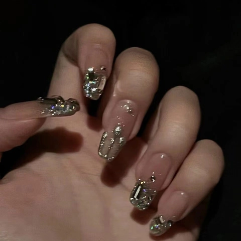 Handgemaakte Kunstnagels Glinsterende Strass Nude Roze Lange Trapezium Valse Nagels Voor Dames Bruiloft Feest Set