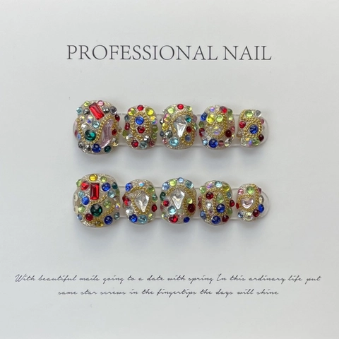 Handgefertigte Bunte Strass Luxus Nägel Zum Aufdrücken Set Full Diamond Design Eckig Rund Falsche Nägel Mit Kleber Kit Damen