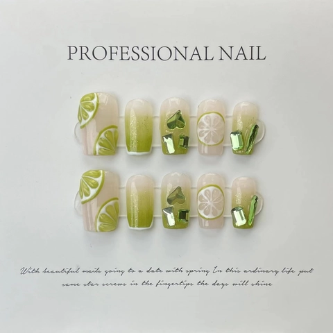 Uñas Postizas a Presión Hechas a Mano Tema Limón Con Strass Verdes Degradado Diseño Frutas de Verano Cuadrado Redondeado Profesional Mujer