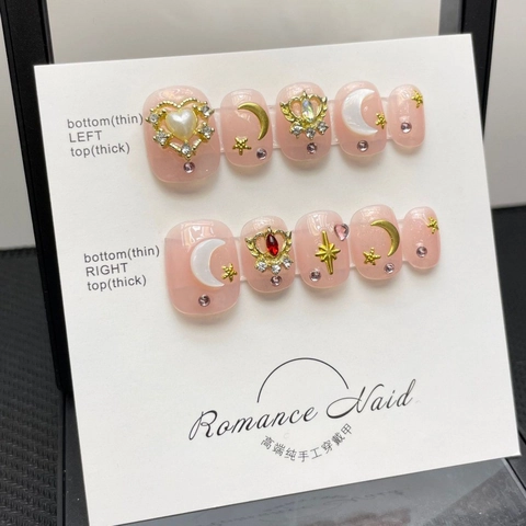 Handgefertigte Rosa Jelly Press On Nails Sailor Moon Stil Gold Mond Stern Krone 3D Charms Strass Künstliche Perlen Nägel Set