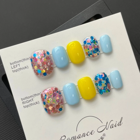 Handmade Press On Nails Short Square Yellow Blue Sequins Star Pattern Glossy False Nails For Women Daily Decor DIY Manicure