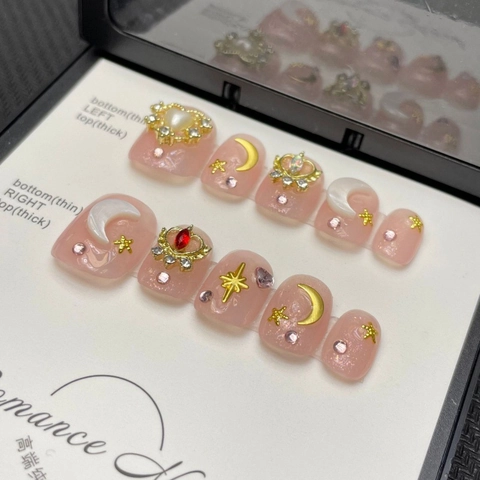 Handgefertigte Rosa Jelly Press On Nails Sailor Moon Stil Gold Mond Stern Krone 3D Charms Strass Künstliche Perlen Nägel Set