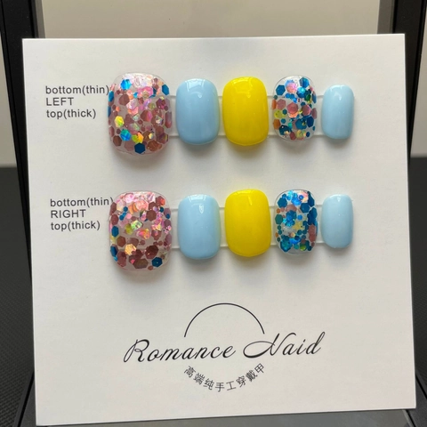Handmade Press On Nails Short Square Yellow Blue Sequins Star Pattern Glossy False Nails For Women Daily Decor DIY Manicure