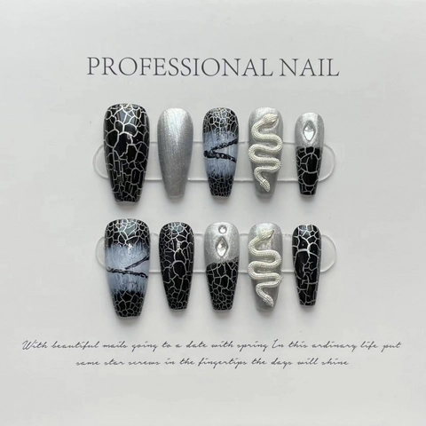 Handmade Long Coffin Press On Nails Dark Style Black Silver Snake Pattern Metallic Charms Rhinestones Fake Nails For Women