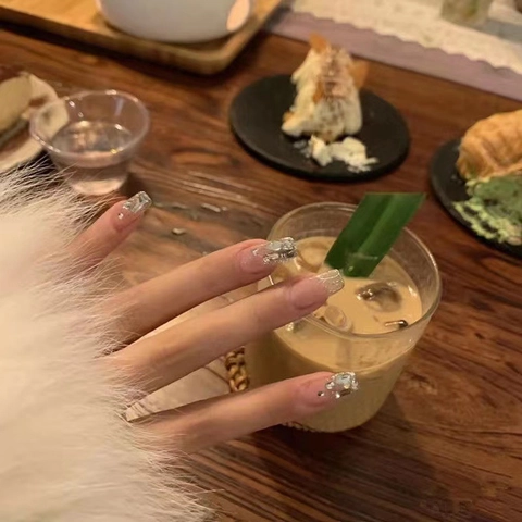 Faux Ongles à Coller Galaxie Française Fait à la Main Carré Long Transparent Argent Paillettes Strass Luxe Décoration Femme