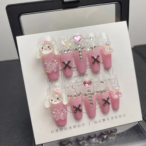 Uñas Postizas Hechas a Mano Long Coffin Degradado Rosa Dulce Perro Dibujos Animados Lazo Corazón Strass Cruz Y2K Moda Uñas Postizas