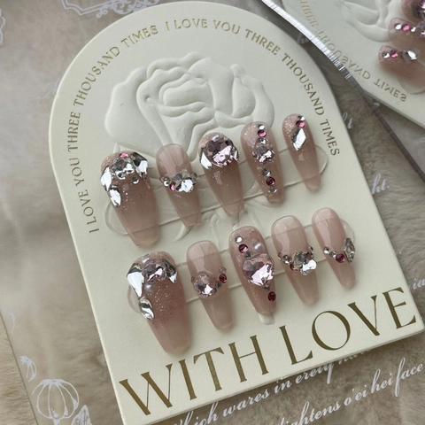 Unghie a Pressione Fatte a Mano Lusso Sfumatura Rosa Resina Strass Cuore Künstliche Perle Unghie Artificiali Per Donna