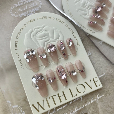 Unghie a Pressione Fatte a Mano Lusso Sfumatura Rosa Resina Strass Cuore Künstliche Perle Unghie Artificiali Per Donna
