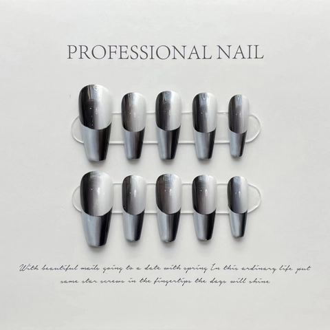 Handgemachte Aufpressnägel Schwarz Grau Verlauf Französisches Design Sarg Falsche Nägel Inklusive Kleber Für Damen Salon DIY Nagelkunst
