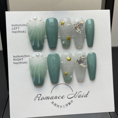 Uñas Postizas Hechas a Mano Diseño Concha Marina Verde Salvia Degradado Perla Artificial Strass Corazón Lujo Uñas de Ataúd Largo