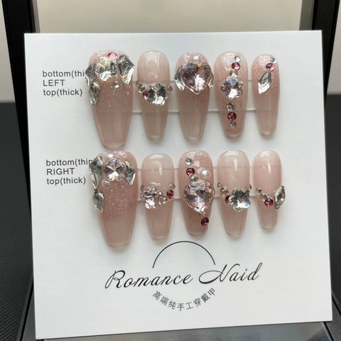 Handgemaakte Luxe Press On Nails Set Roze Zilver Gradiënt Gestapelde Strass Hart Ster Coffin Kunstnagels Voor Vrouwen Manicure