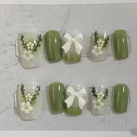Unghie Finte a Pressione in Resina Fatte a Mano Set 3D Fiore Bianco Fiocco Motivo Sfumato Verde per Donna Con Kit di Strumenti