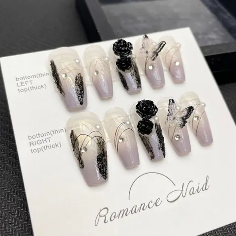 Set Unghie a Pressione Fatte a Mano 3D Rosa Nera Farfalla Fiocco Strass Perla Artificiale Viola Grigio Sfumato Unghie Finte