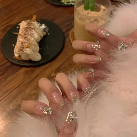 Faux Ongles à Coller Galaxie Française Fait à la Main Carré Long Transparent Argent Paillettes Strass Luxe Décoration Femme