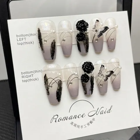 Set Unghie a Pressione Fatte a Mano 3D Rosa Nera Farfalla Fiocco Strass Perla Artificiale Viola Grigio Sfumato Unghie Finte