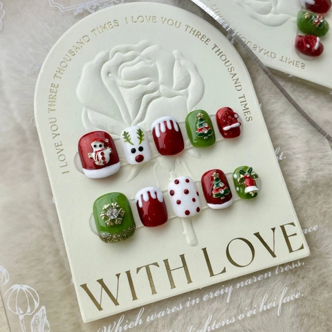 Handgefertigte Weihnachten Press On Nails 3D Rentier Schneemann Schneeflocke Rot Grün Weiß Kunstparel Strass Nagelkunst