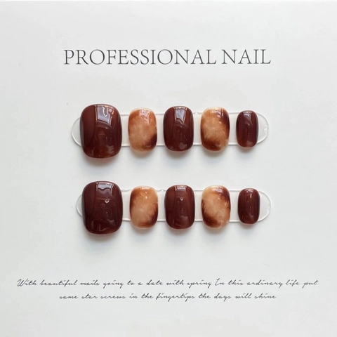 Handmade Caramel Amber Marble Press On Nails Short Square Round Glossy Glue On Nails For Women Autumn Winter Fashion Jewelry