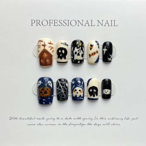 Juego de Uñas Postizas a Presión de Halloween Trick Or Treat Pintado a Mano Con Diseño de Calabaza Fantasma Calavera Kit de Resina