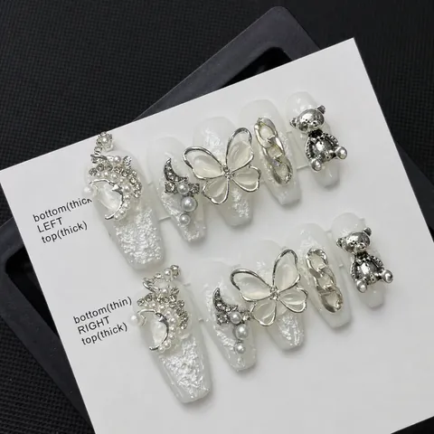 Uñas Postizas de Lujo Hechas a Mano Francesas Flor 3D Rojo Vino Blanco Uñas Ataúd Largas Con Decoración de Circón Perla Diamantes de Imitación