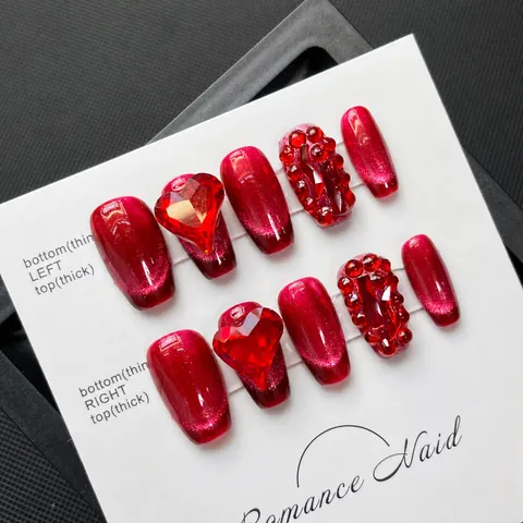 Handgefertigte Rosenrot Katzenauge Press On Nägel Mit Elegantem Herz Strass Luxus Burgund Kunstnägel Für Hochzeit Party Damen