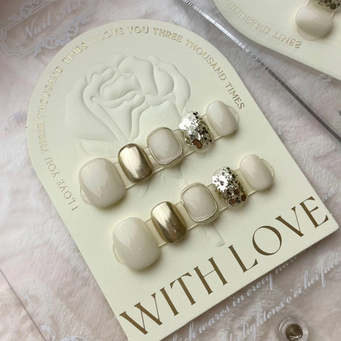 Handmade Press On Nails Creamy White Champagne Gold Mirror Finish With Sequins For Women French Luxury Square Round Nails