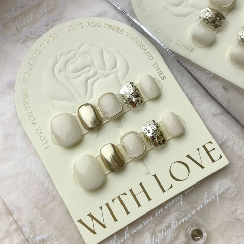 Handmade Press On Nails Creamy White Champagne Gold Mirror Finish With Sequins For Women French Luxury Square Round Nails