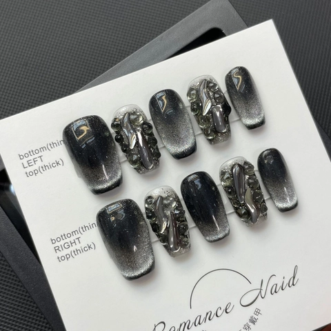 Handmade Cat Eye Full Rhinestone Press On Nails Dark Gothic Style Short Long Trapezoid False Nails Set For Women