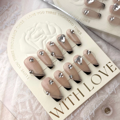 Uñas Postizas Artesanales Francesas Negras Con Diamantes De Imitación De Corazón Forma De Ataúd Para Mujer 10 Piezas