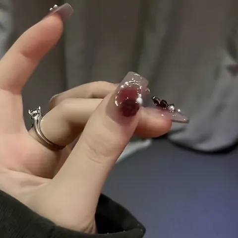 Handmade Press On Nails Gradient Wine Red 3D Butterfly Rose Flower Artificial Pearl Decor Coffin Fake Nails For Women Jewelry