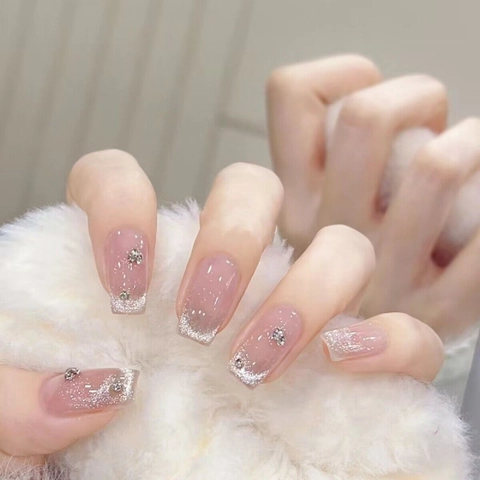 Handmade Press On Nails French Style Cat Eye Ombre Pink Gray Rhinestone Inlaid Reusable Full Cover False Nails For Women