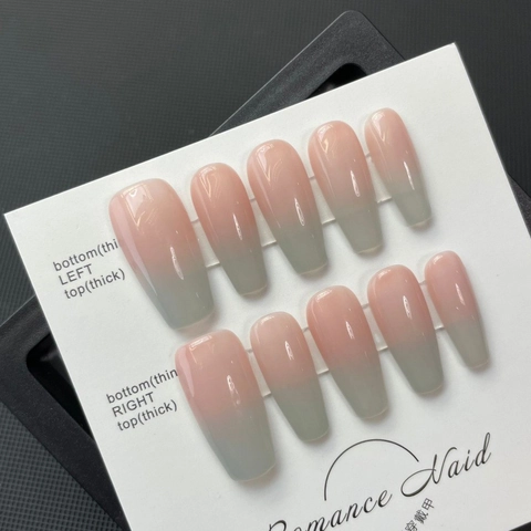 Handgemachte Press On Nails Rosa Grau Blau Farbverlauf Lange Sargform Künstliche Nägel 10Stk Set Für Hochzeit Braut Damen