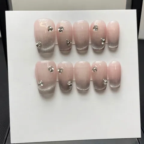Handmade Press On Nails French Style Cat Eye Ombre Pink Gray Rhinestone Inlaid Reusable Full Cover False Nails For Women