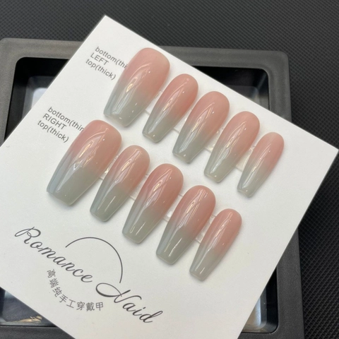 Handgemachte Press On Nails Rosa Grau Blau Farbverlauf Lange Sargform Künstliche Nägel 10Stk Set Für Hochzeit Braut Damen