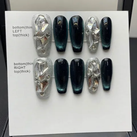 Handmade Deep Green Cat Eye Press-on Nails Luxury Silver Rhinestone Inlaid Coffin Fake Nails For Women Party 10Pcs Set
