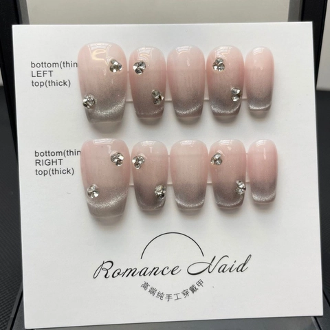 Handgefertigte Press-on-Nägel Nude Rosa Katzenauge Verlauf Strass Stern Falsche Nägel Set Für Damen Hochzeit Party Maniküre