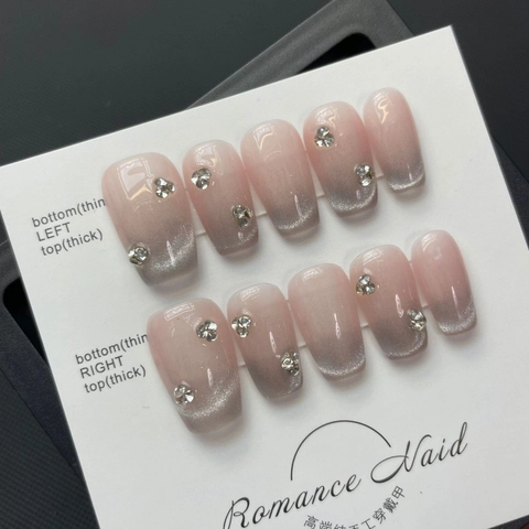 Handgefertigte Press-on-Nägel Nude Rosa Katzenauge Verlauf Strass Stern Falsche Nägel Set Für Damen Hochzeit Party Maniküre