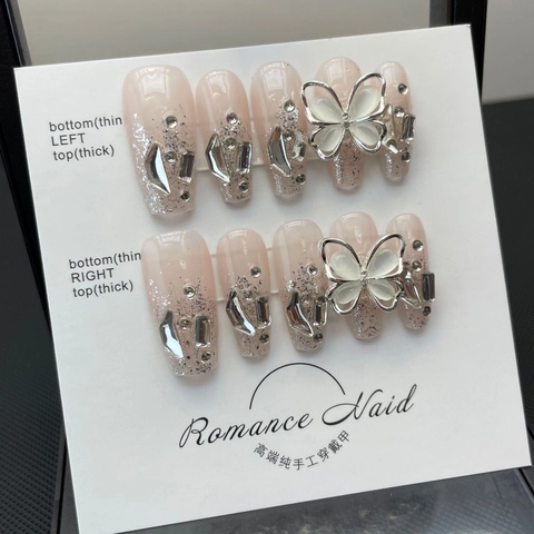 Handmade Pink Gradient 3D Butterfly Press On Nails Coffin Shape Rhinestone Glitter Luxury False Nails For Women Nail Art