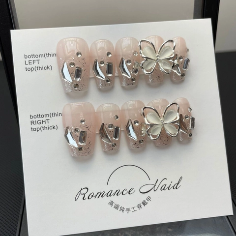 Handmade Pink Gradient 3D Butterfly Press On Nails Coffin Shape Rhinestone Glitter Luxury False Nails For Women Nail Art
