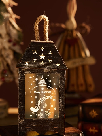 Vintage Wooden Christmas Lantern Warm LED Light Santa Reindeer Pattern Festive Desktop Decoration Holiday Home Party Ornament