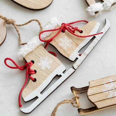 Addobbi Natalizi Nordici in Legno Rosso Legno Naturale Stampa Fiocco di Neve per Decorazione Albero di Natale Casa Regalo Festa