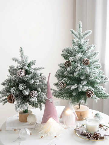 Albero di Natale Floccato da Tavolo Pigne Naturali Base in Legno Simulazione Albero di Neve Mini Arredamento Casa Ufficio