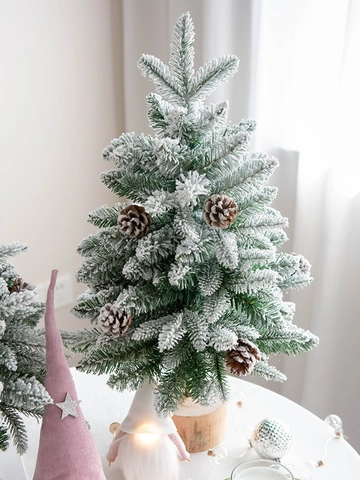 Albero di Natale Floccato da Tavolo Pigne Naturali Base in Legno Simulazione Albero di Neve Mini Arredamento Casa Ufficio
